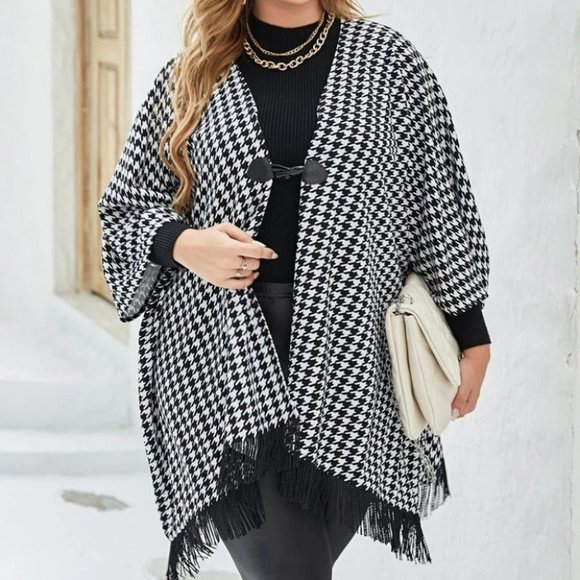 Plus Size black white Houndstooth Fringe Trim Cape Wrap jacket Coat - Picture 2 of 5